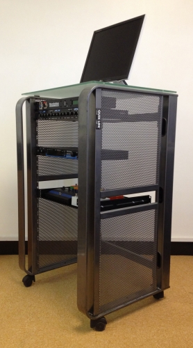 STUDIO RACK 20U GLASS TOP, SLIDING DRAWER, VERY ROBUST, CABLE TUNNEL AND WHEELS